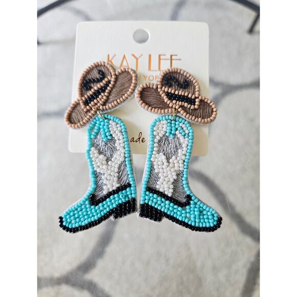 Kay Lee Beaded Cowboy Hat Boots Earrings New - Picture 1 of 3
